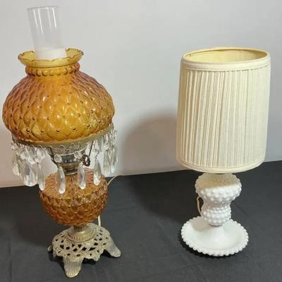 Vintage Lamp Duo – Amber Hurricane Lamp & White Hobnail Table Lamp