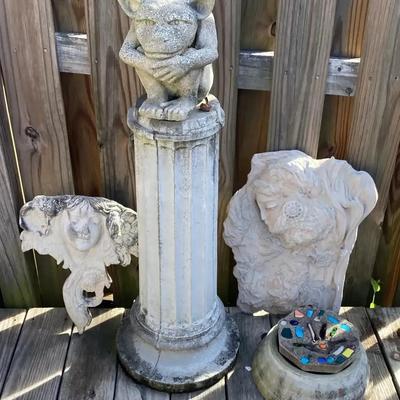 Stone Garden Statue Collection with Gargoyle Pedestal and Wall Plaques