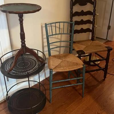 Vintage Wood & Rattan Chairs with Accent Tables & Brass Floor Lamp