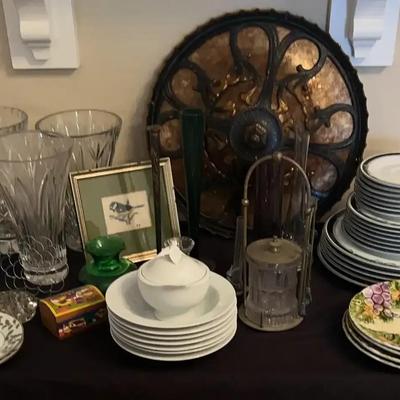 Crystal Vases, Mikasa Dishes, Floral Frogs & Vintage Light Fixture