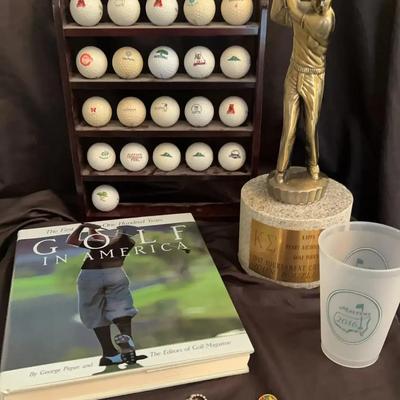 Golf Collectibles Collection with Ball Display, Pins, Trophy & Masters Cup