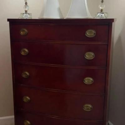 Drexel Wood Dresser with Pair of Glass & Metal Lamps