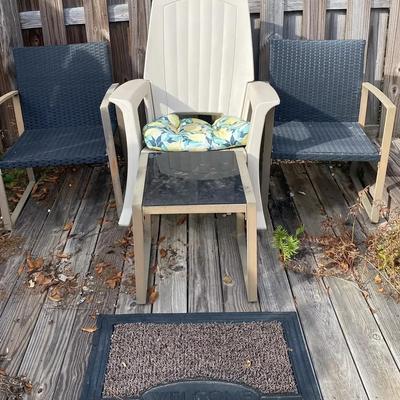 Outdoor Seating Set with Two Black Lawn Chairs, Semco Rocking Chair & Side Table