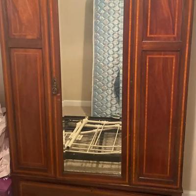 Brown Wood Wardrobe with Mirror Panel and Storage Drawer