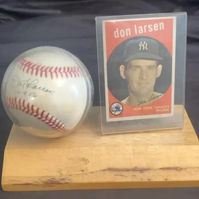 Don Larsen Signed Baseball & Vintage Yankees Card Featuring His 1956 World Series Perfect Game Date