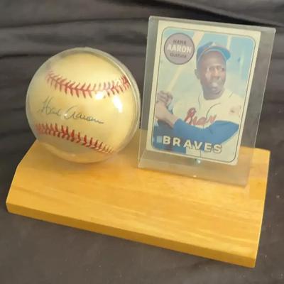 Hank Aaron Signed Baseball with Display Stand & Vintage Braves Card