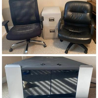 Set of Two Black Rolling Office Chairs with Two-Drawer Filing Cabinet and TV Stand