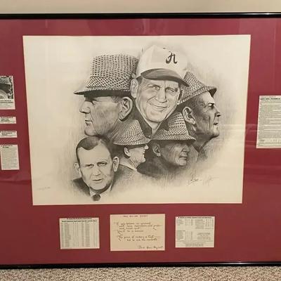 Bear Bryant Framed Lithograph Signed by Artist 4228/5000