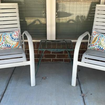 White Metal Patio Chairs with Floral Pillows & Mesh Side Table
