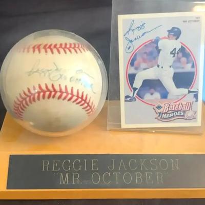 Reggie Jackson “Mr. October” Signed Baseball with Display Stand & Baseball Heroes Card