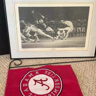 Daniel Moore “The Kick” 1985 Iron Bowl Print & Alabama Flag Set
