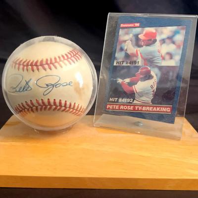 Pete Rose Signed Baseball with Display Stand & Record-Breaking Hit Tribute Card