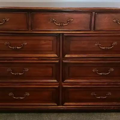 Tall Traditional 9-Drawer Dresser, Wood-Finish With Ornate Hardware