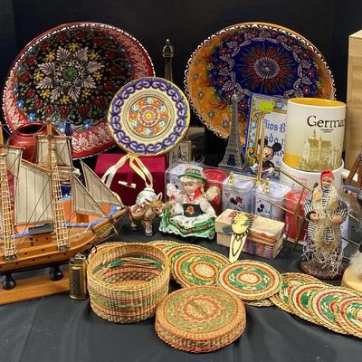 Collection of Asian, Turkish & Indian Figurines with Decor Bowls, Ornaments & Blue Swan Vase in Wood