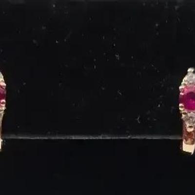 14K Simulated Diamond And Ruby Earrings 