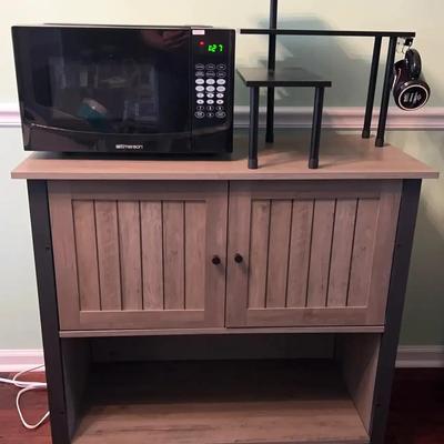 Emerson Microwave, Gray Storage Cabinet & Coffee Station
