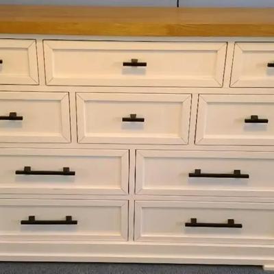 Tall White 9-Drawer Dresser with Wood-Tone Top
