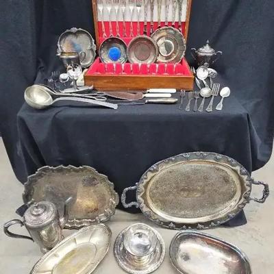 Silver-Plated Serving Pieces Featuring Avon Creamer & Sugar, Flatware Set, Pewter Trays & More
