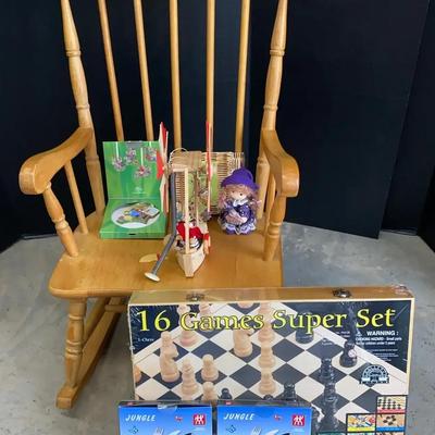 Vintage-Style Child’s Wooden Rocker with Games & Collectible Items