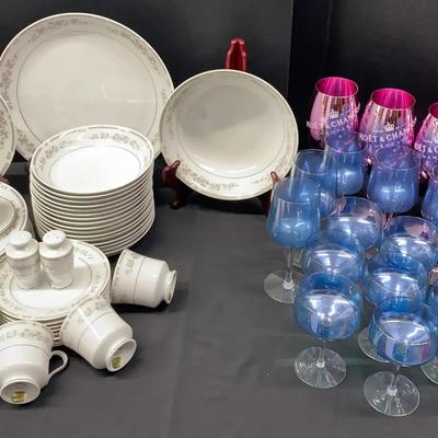 “Wellington” by Celebrity China with Serving Pieces & Colorful Glassware