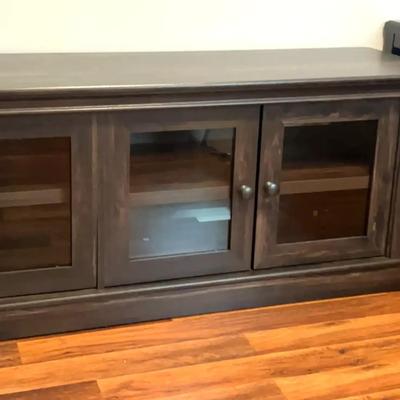 Dark Wood Storage Bench with Glass Doors & Black Enamel End Table