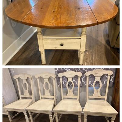 Farm Style Wood Drop-Leaf Table with Four Matching Chairs