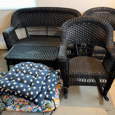 Outdoor Wicker Bench, Rocking Chairs & Table with Cushions