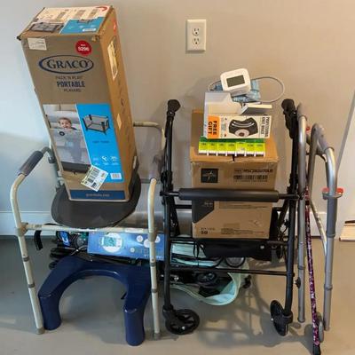 Medical & Youth Equipment Lot – Walkers, Strollers, Playard, Commode & More