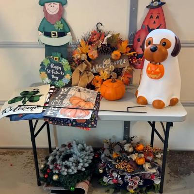 Outdoor Seasonal & Holiday Décor Featuring Light-Up Halloween Dog, Wreaths & Flag Banners