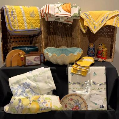 Bright & Beautiful Table Linens Lot w/ Williams Sonoma + Large Square Baskets