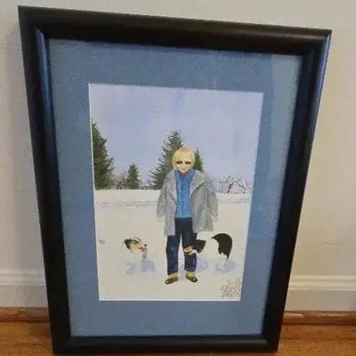 Original Watercolor Woman And Her Dogs Signed Joe Ward