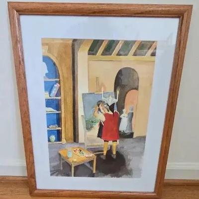 Original Watercolor Of An Artist Painting Signed 