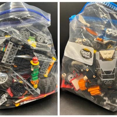 (2) Gallon Ziplocks of LEGO Pieces, People, Cars, an Airplane, Figures, Wheels & More