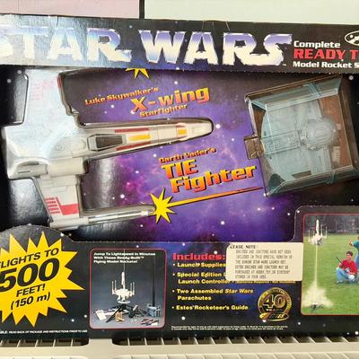 NIB Estes Star Wars Model Rocket Starter Set, featuring Luke Skywalker's X-wing and Darth Vader's TI