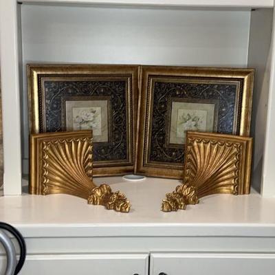 Gold tone Framed Floral Art With Gold tone Sconces