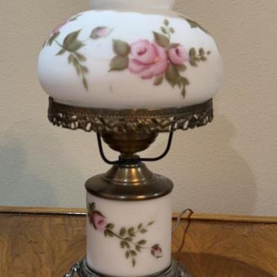 Vintage Fenton Style Milk Glass Hurricane Lamp With Pink Roses