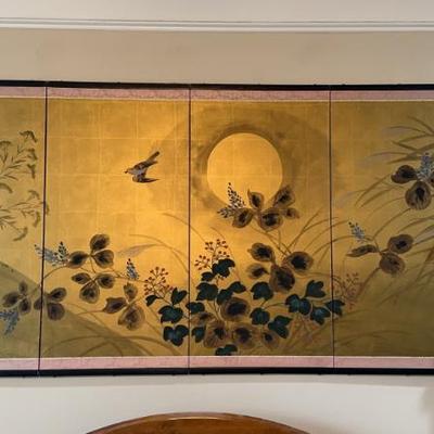 Japanese 4-Panel Hand Painted, Signed Folding Screen “Byobu”