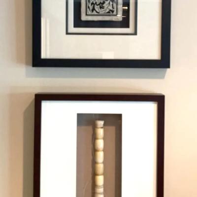 Calligraphy Stone or Bone-Handled Paintbrush and Woodblock Print, Framed