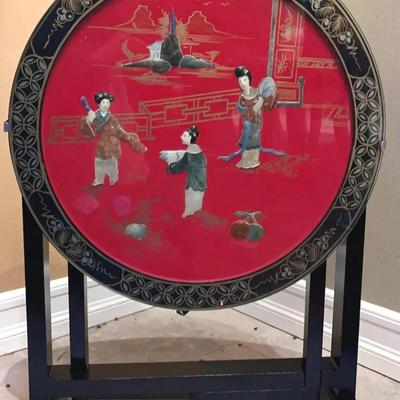 Chinoiserie Lacquered Inlaid Drum Folding Table - Drop Top 3-D Wood or Porcelain Inlay with Glass 