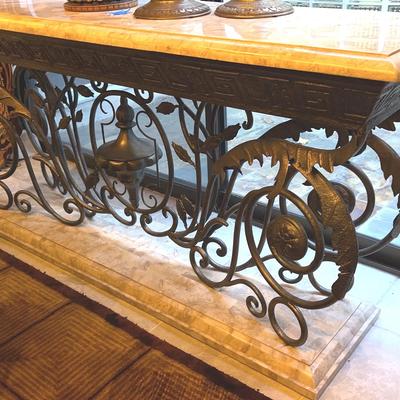 Wrought-Iron Scroll and Marble Top and Base Buffet or Foyer Table
