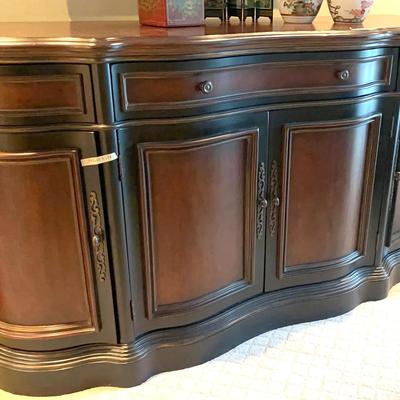 Dark Wood Serpentine Media Cabinet - Brass Hardware