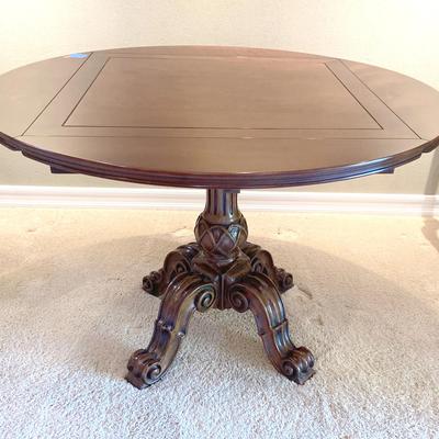 Drop Leaf Carved Base Pedestal Table - Four Leaves Fold Down - Round to Square 