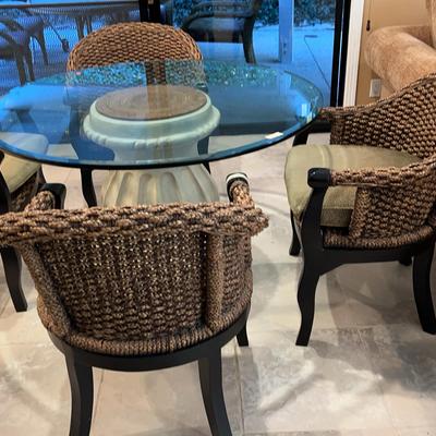 Limestone Pedestal with Beveled Glass-top Table + 4 Wicker Wood Chairs