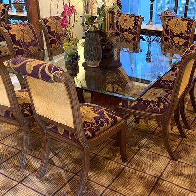 Dining Set with 8 Chairs, Beveled Glass-top, Chenille Upholstery - Excellent Condition