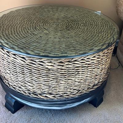 Round Woven Rush Organic End Table with Beveled Glass Top