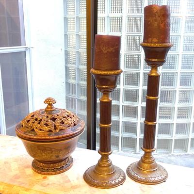 Brass Candlesticks and Wood Ornate Bowl with Lid - Antique Reproduction Pcs 