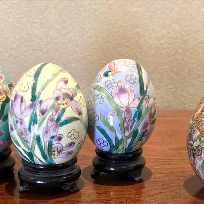 Chinoiserie 3” Hand Painted Decorative Eggs with Stands