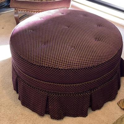 Round Plum Ottoman Table on Rollers -Button-tufted, Pleated Skirt 