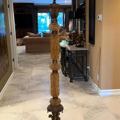 Vintage Handcarved Wood and Amber-tone Glass Floor Lamp