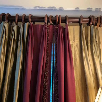 Blackout Drapes with Ornate Rods Finials 93” L, Pair - Burgundy and Light Gold